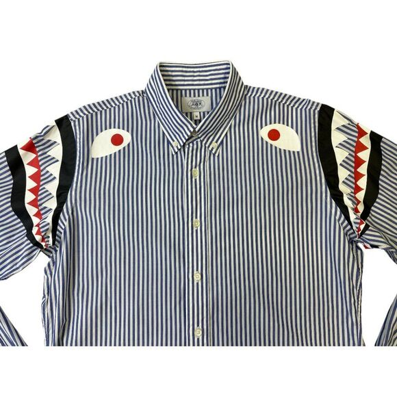 A Bathing Ape Bape Ababint Shoulder Shark Print Stripe Button Down Shirt Sz M - Picture 3 of 16